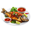 © NorDigital - Culinary Delight Isolated On White Background: A meticulously plated culinary creation features a golden-brown, crispy whole fried fish, tantalizingly presented with zesty garnishes.