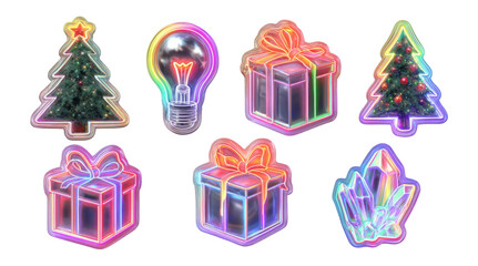 Wall Mural - Colorful Illustrations of Christmas Tree, Gifts, and Light Bulb with Glow