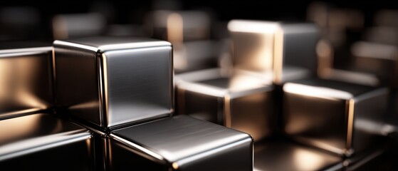 Close-up view of metallic geometric cubes with reflective surfaces arranged in a pattern on a dark background showcasing modern industrial design elements