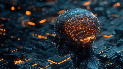 Robot, artificial intelligence and data network technologies concept with front view on digital glowing graphic human brain on dark technological background with microcircuit. 3D rendering