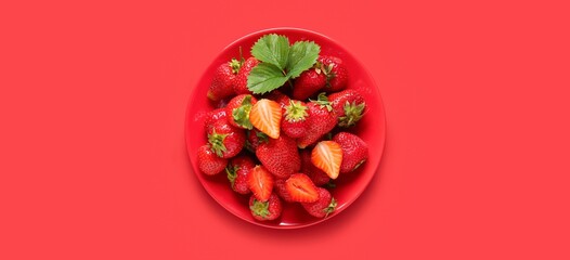 Wall Mural - plate of sweet ripe strawberries on red background, top view