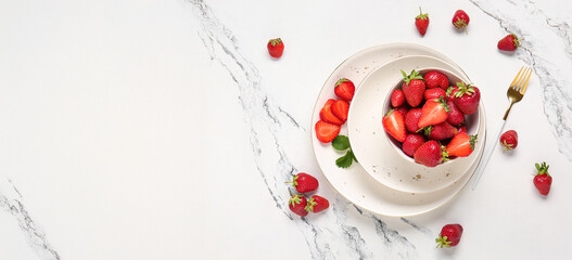 Wall Mural - bowl with fresh ripe strawberries on white background
