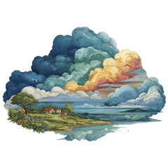 Wall Mural - Dramatic stormy clouds frame a serene landscape with houses water and vegetation