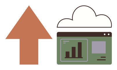 Large upward arrow next to data dashboard in cloud outline showing growth chart and interface features. Ideal for analytics, cloud storage, growth, progress, technology, data management, simple flat