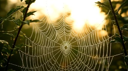 Spiderweb at Sunrise: Capturing the intricate beauty of nature's artistry in dewdrops and golden