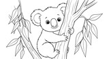 A cute cartoon koala climbing a tree with leaves. Black and white outline illustration for a children's coloring book page