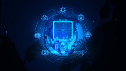 Wall Mural - Digital Blueprint Holographic Device with Technology Icons Background
