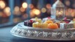 © Nytheris  - Close-up of Ornate Silver Tray with Eid Sweets and Blurred Festive Interior for Overlay Space