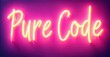 © antishock - Bright neon sign displays words Pure Code. Vivid pink background contrasts yellow illumination. Modern aesthetic, simple design.