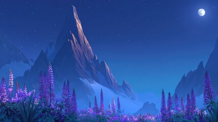 Beautiful vibrant landscape outdoors in a lush purple flower filled valley surrounded by majestic mountains under a full moon night sky