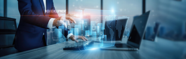 Web development concept. Hand touching advanced responsive web development platforms, coding connection on virtual screen UI/UX design frameworks backend hosting integration deployment optimization.