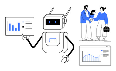 Wall Mural - Robot presenting analytics data on a dashboard with business professionals shaking hands, growth graphs, and charts. Ideal for AI, business, collaboration, analytics, innovation, automation