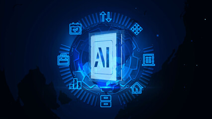 Wall Mural - Digital AI Interface with Futuristic Icons on Dark Background