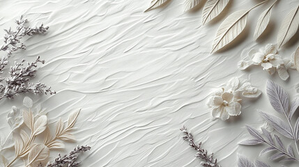 Wall Mural - a textured white background with delicate leaves. an elegant and light background with a floral bord