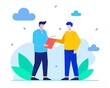 © MdAsabbir - Two men exchanging a red folder in a bright cheerful illustration