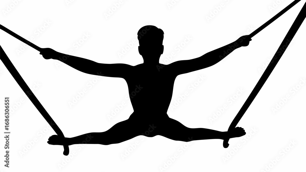 Gymnastics Rope Split Silhouette of a male gymnast performing a split on aerial ropes with ...