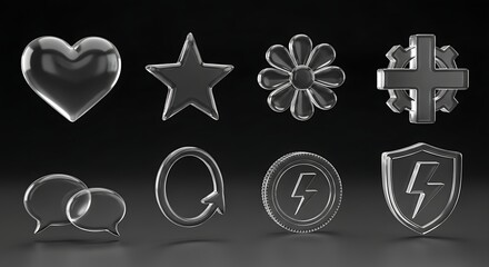 3d glass icon - heart, star, flower, gear, cross, arrow, speech bubble, coin, lightning, protect shield with refraction isolated on dark background. Render transparent glass shape. 3d vector morphism.