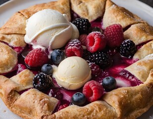 Wall Mural - mixed berry galette with scoop of vanilla ice cream on top