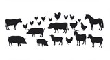 A collection of farm animal silhouettes displayed against a plain white background.
