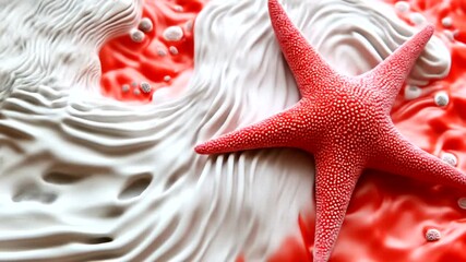 Abstract design with textured white and red forms, featuring a starfish.