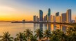 Panoramic view of Pattaya city skyline at sunset with palm trees and serene sea
