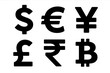 © Jane - Global currency symbols set. Black vector icons of major world currencies: Dollar, Euro, Pound, Yen, Rupee, and Bitcoin. Finance, money exchange, and business concept.