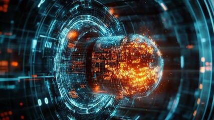 Futuristic quantum computer processing data in cyberspace