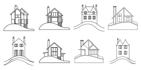 Abstract House on The Hill in Line Art drawing. Isolated Residential Building on White Background, Real Estate Black Linear Design. Editable stroke. Vector modern illustration.