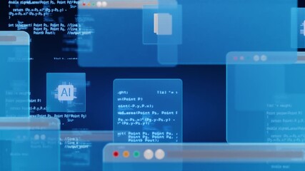Digital interface showing data folders, AI icons, and programming code windows, symbolizing artificial intelligence, data management, and modern software development systems.