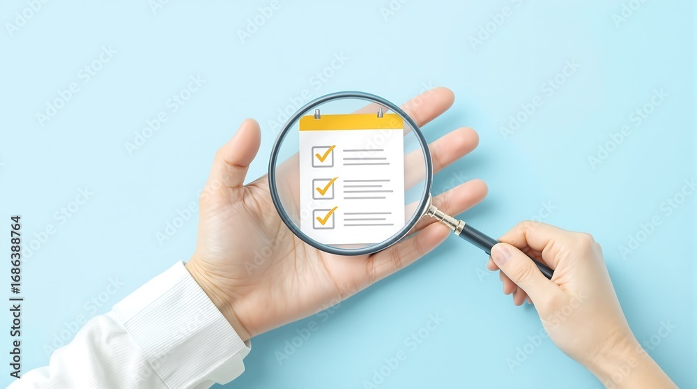 Checklist review with magnifying glass for task management and ...