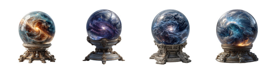 Wall Mural - Cosmic Orbs PNG set Crystal balls with galaxy nebulae and ornate stands Isolated on Transparent backround