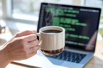 Hand hold coffee mug in front of laptop with code. Programmer work and caffeine