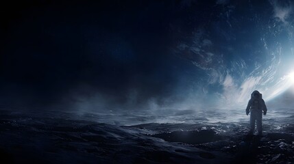 Wall Mural - an astronaut stands on the desolate lunar surface gazing at the majestic earth and distant sunlit ho