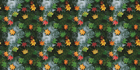 vibrant fall maple leaves in green, orange, and red hues floating on water, creating ripples and dyn