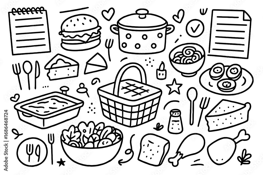 Hand drawn potluck food collection. Doodle style picnic and community ...