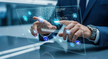 Artificial intelligence technology with prompt generation on futuristic screen, business concept of using ai for content creation, data processing and machine learning