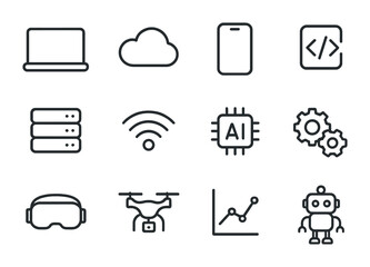 Tech Recovery Icon Set. Outline icon set of technology for recovery: laptop, cloud, smartphone, coding symbol,