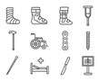 © GRACE - Orthopedic Icons Grid. Outline icon set of orthopedic treatment: plaster cast, walking boot, orthopedic brace,