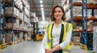 © mohammed - Portrait of a confident female warehouse manager wearing a safety vest, smiling at the camera in a large distribution center aisle