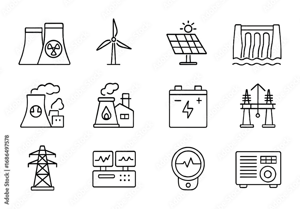 Energy Infrastructure Icons. Outline icon set of energy infrastructure ...
