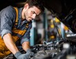 © ttonaorh - Close-up of a professional auto mechanic working on a car engine in a garage, wearing gloves and overalls, focused on repair.