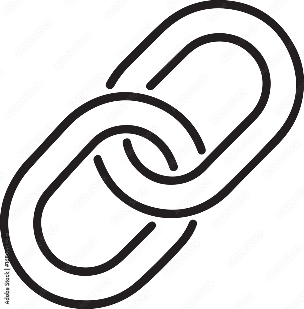 Simple black and white outline icon of two interlinked chain links ...