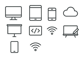 Tech Integration Icons. Outline icon set of technology integration meetings: computer monitor, tablet,