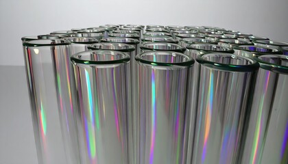Iridescent Glass Cylinders Row, Pristine Refraction, Neutral Background