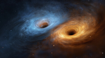 Blue black hole orange black hole binary black hole cosmic swirl accretion disk deep space galaxy core gravitational waves astrophysics star field. Blue black hole and orange black hole form