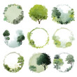 © Raudah - Nine circular decorative frames with stylized trees and foliage.  Abstract watercolor-like backgrounds in soft greens, grays, and whites.  Each frame has a different subtle color variation