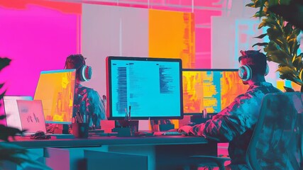 Programmers working in modern office with neon lights