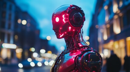 Wall Mural - a futuristic robot stands in an urban landscape. with glowing lights and sleek design, it symbolizes