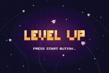 Wall Mural - LEVEL UP icon pixel art. 8 bit game. retro game. Retro Futurism Sci-Fi Background. glowing neon grid. and stars from vintage arcade computer games