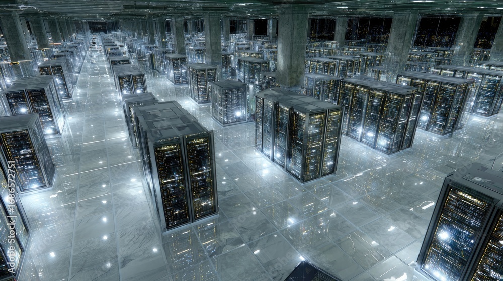 Rows of servers, reflected in tiled floor and ceiling, create a dense ...
